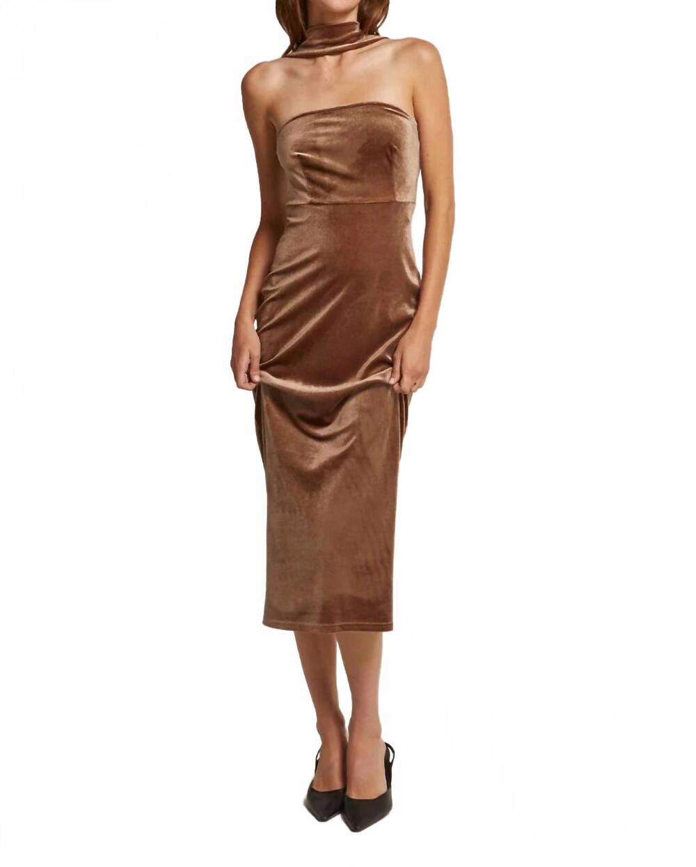 NEW CRESCENT ciara halter neck velvet tube midi dress in mocha mousse